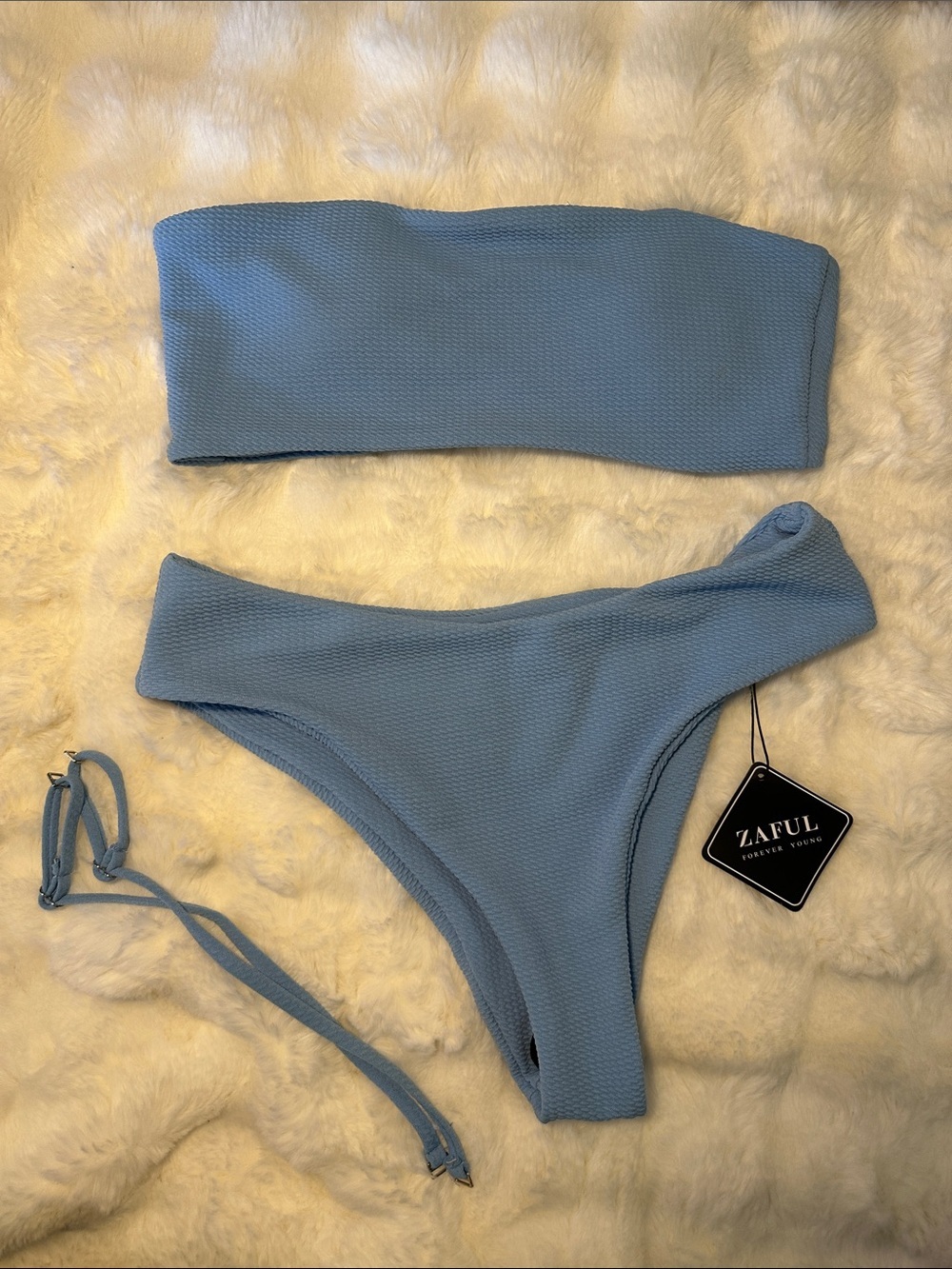 Zaful Light Blue Textured Bandeau Bikini Set with Removable Straps - Picture 2 of 4
